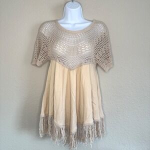 Womens Small Beige Crochet Fringe Tunic Top Boho Forest‎ Fairy Country Coachella